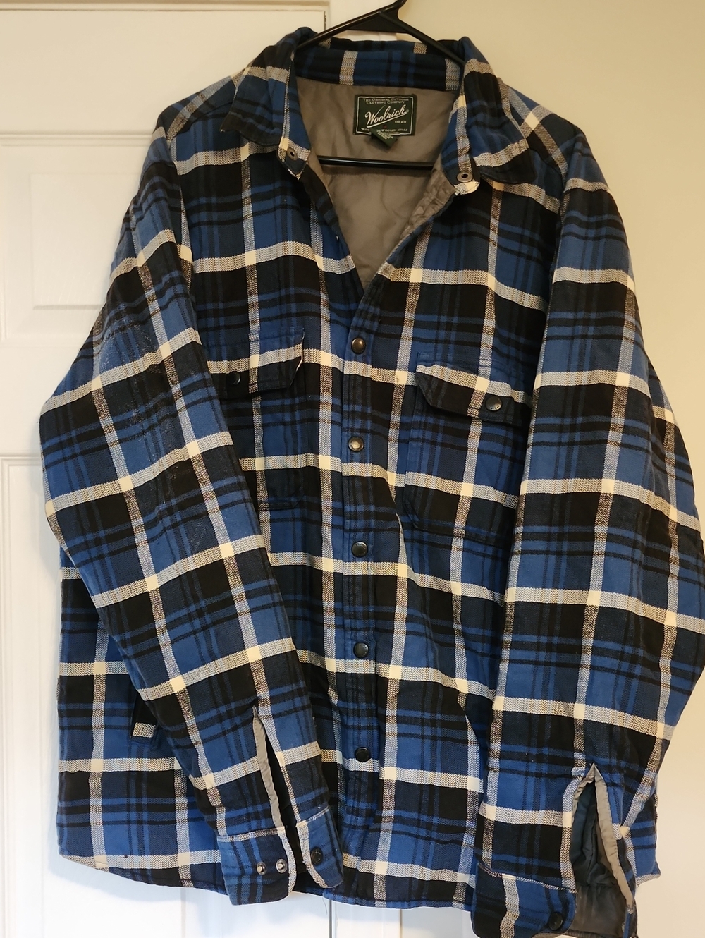 Woolrich Blue and Black Plaid Quilted Shirt Jacket
